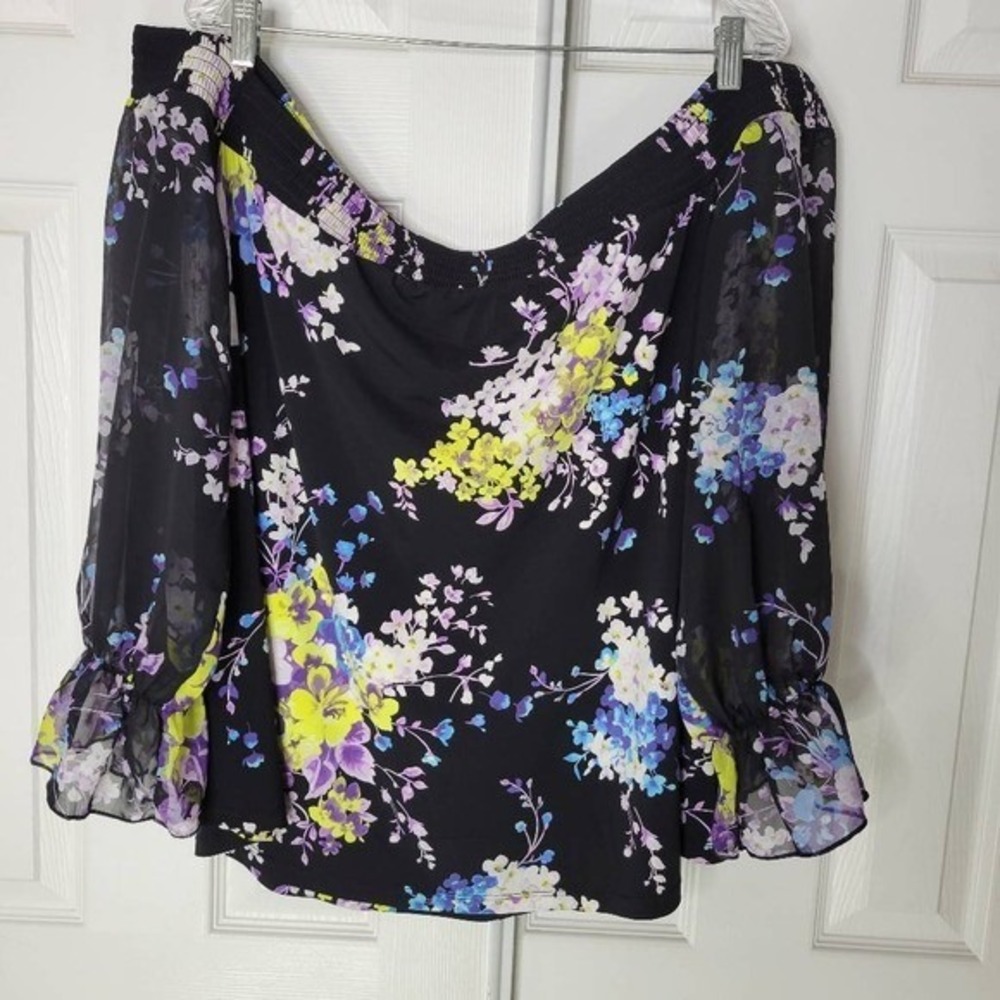 Torrid Off-Shoulder Blouse Top 3 Black Floral Long Sheer Sleeves